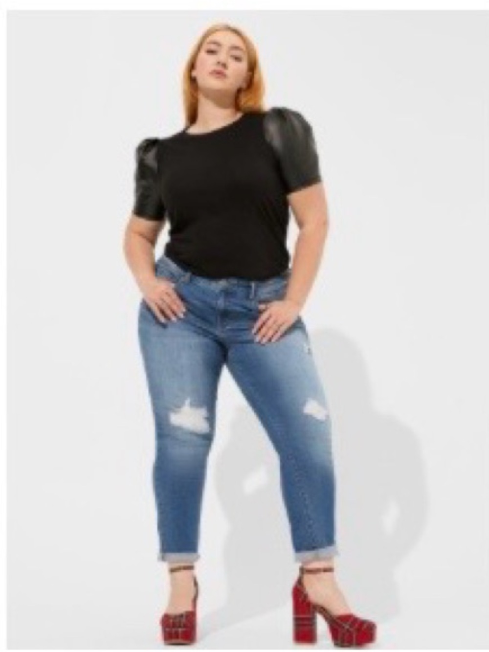 Torrid Betsy Johnson black top with faux leather sleeves